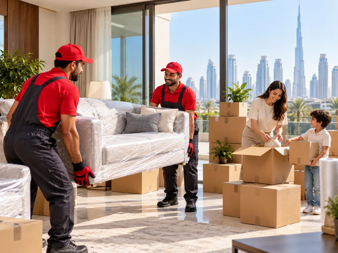 Professional moving team transporting furniture in Dubai